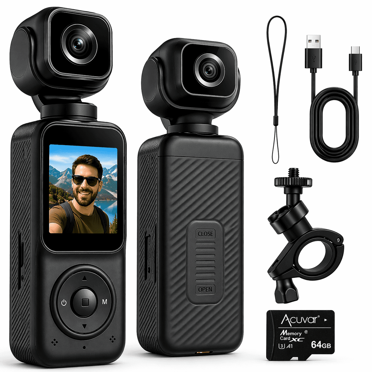 Acuvar 4K Dual Camera Pocket Camera With 3 Axis Gimbal Stabilizer, Vlogging Camera With WiFi, Face Tracking, 270° Rotation And 64GB Card