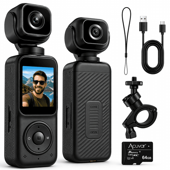 Acuvar 4K Dual Camera Pocket Camera With 3 Axis Gimbal Stabilizer, Vlogging Camera With WiFi, Face Tracking, 270° Rotation And 64GB Card