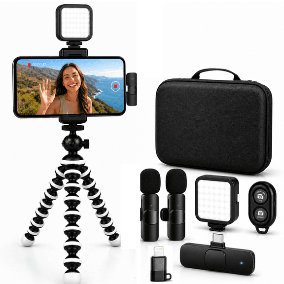 Acuvar Vlogging Kit For iPhone And Android With Wireless Microphone, Phone Tripod With LED Light, Remote And Carry Case