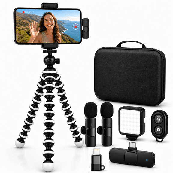 Acuvar Vlogging Kit For iPhone And Android With Wireless Microphone, Phone Tripod With LED Light, Remote And Carry Case