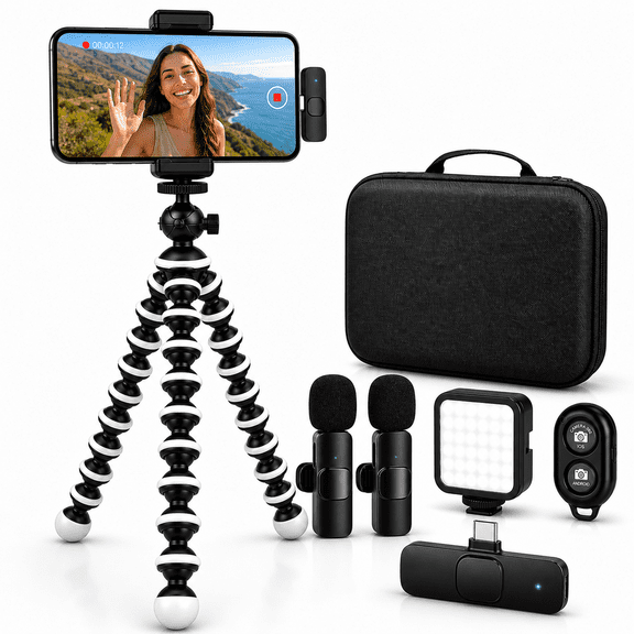 Acuvar Vlogging Kit For iPhone And Android With Wireless Microphone, Phone Tripod With LED Light, Remote And Carry Case