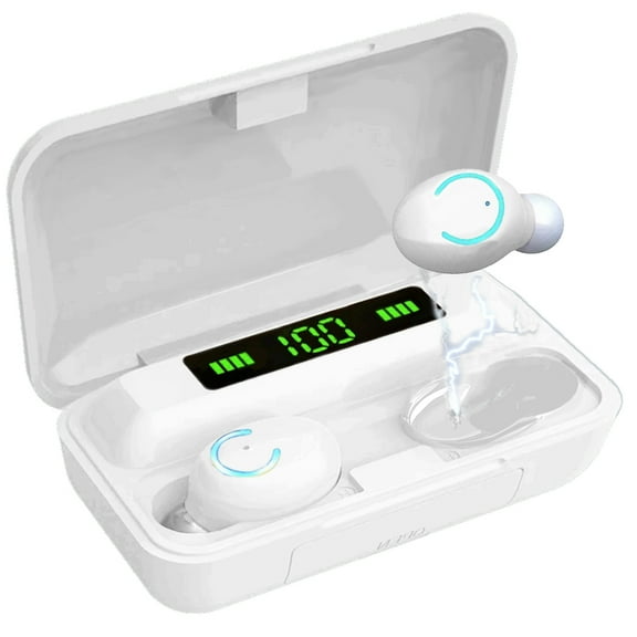 Acuvar Fully Wireless Bluetooth 5.0 Rechargeable IPX7 Waterproof Earbud Headphones with 1800mAh USB Power Bank Charging Case Powerful Surround Stereo Bass and Passive Noise Cancelling (White)