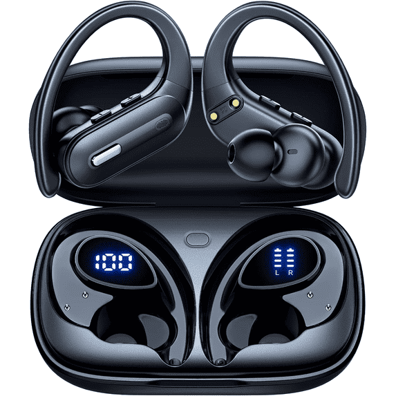 Hybrid Active Noise Cancelling Wireless Ear Buds, 75Hrs Bluetooth 5.3 Headphones IP7 Waterproof for Sport, Running Wireless Earphones with ENC, Deep Bass Over Ear bud with Earhooks for Android, iOS