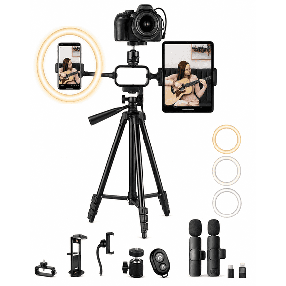 Acuvar Pro LED Ring Light Vlogging Kit for iPhone/Android Ipad Tablet & Camera with 50" Tripod, Phone & Tablet Holder Mount, Microphone & Bluetooth Remote for Live Stream, Youtube, Instagram Tiktok