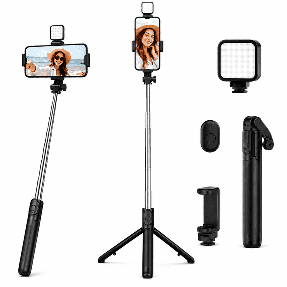 Acuvar Selfie Stick Tripod with Bluetooth Remote & LED Fill Light, Extendable 28 Inch Phone Tripod Stand for iPhone, Samsung & Android, Foldable Portable Selfie Stick for Travel, Video & Photos