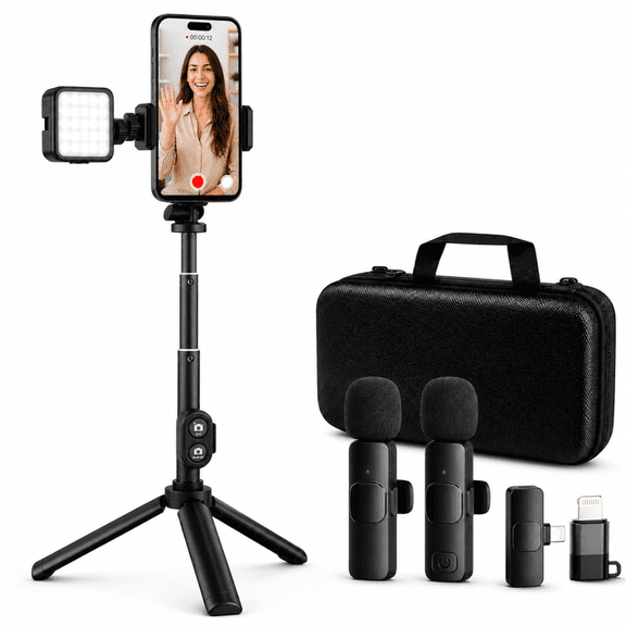 Acuvar Vlogging Kit For iPhone With Wireless Microphone, LED Light And Tripod, Phone Video Recording Kit With Remote And Case