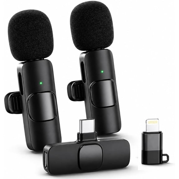 Acuvar Wireless Lavalier Microphone for iPhone & Android, 2 Pack Mini Wireless Mic, Plug & Play Clip On Microphone for Video Recording, Interview, Vlog with Adapter