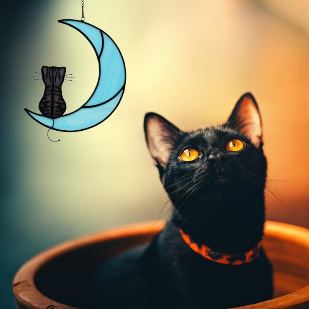 Kat Memorial geschenken, zwarte kat op witte maan glas-in-lood raam