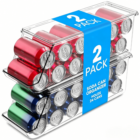 Acztne 2 Pack Stackable Soda Can Organizer with Lids, Refrigerator Organizers and Storage, Clear Organizers for Pantry, Freezer, Kitchen – Holds 12 Cans Each