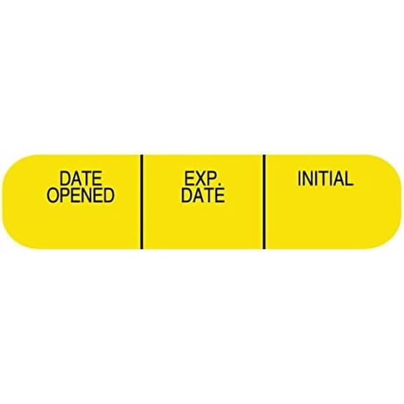 Ad Label Medication Instruction Labels Date Open EXP Date, 1-5/8" x 3/8", Permanent Paper Label, Yellow, One Roll of 1000 Labels