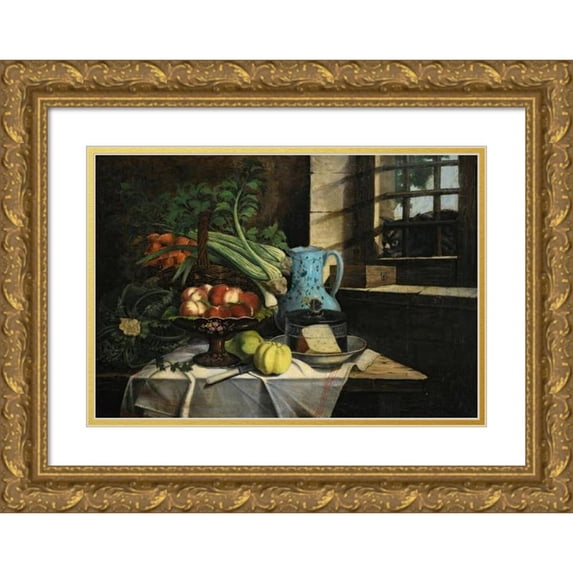 Adèle Evrard 24x18 Gold Ornate Framed and Double Matted Museum Art Print Titled - Still Life with Cat
