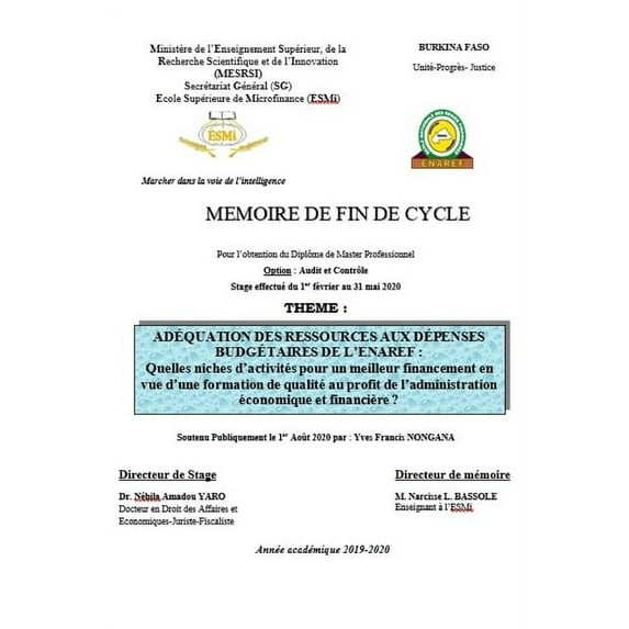 Adéquation Des Ressources Aux Dépenses Budgétaires de l'Enaref: Quelles niches d'activités pour un meilleur financement en vue d'une formation de qualité au profit de l'administration économique et fi