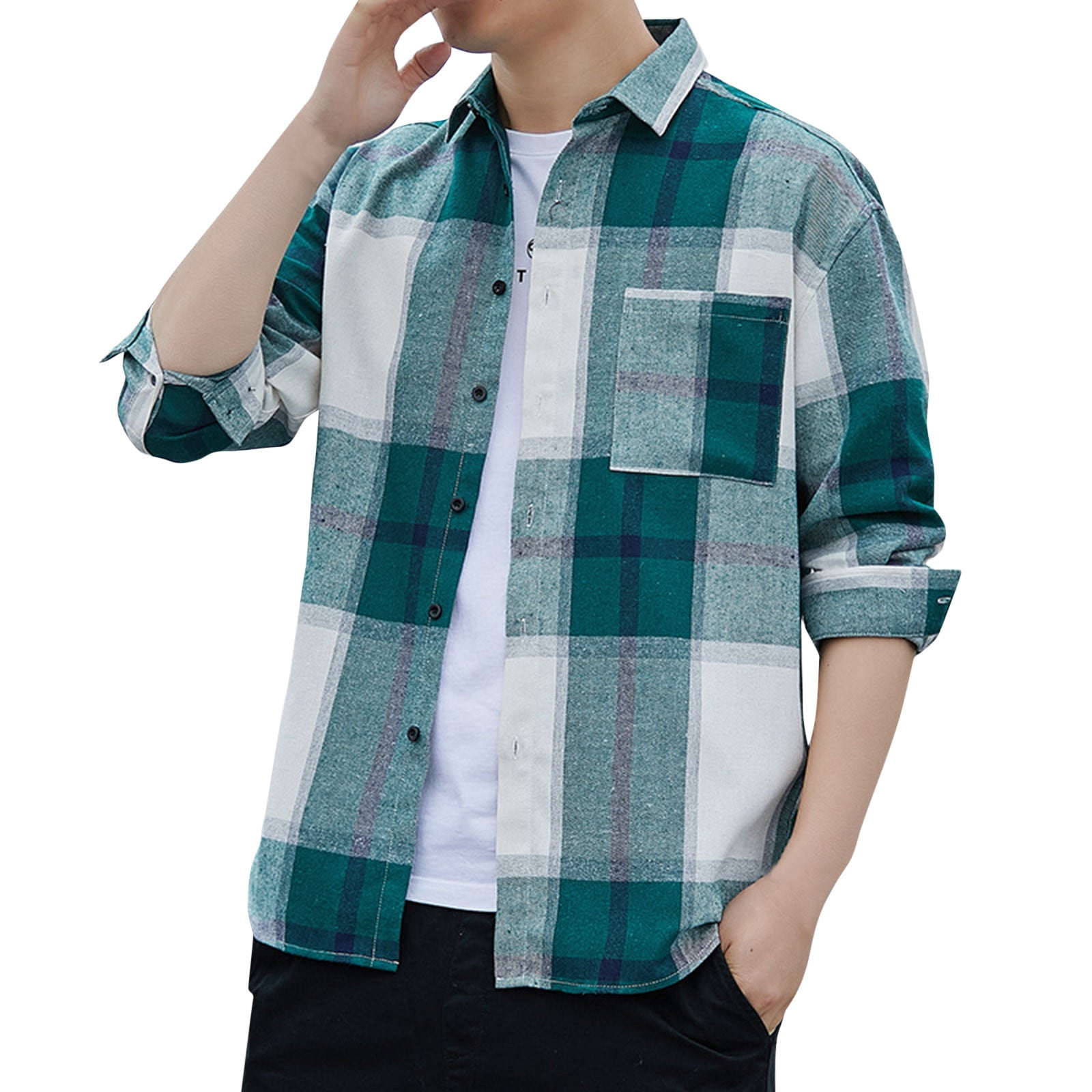 AdBFJAF Mens Dress Shirts Green Short Sleeve New Plaid Shirt Mens Long