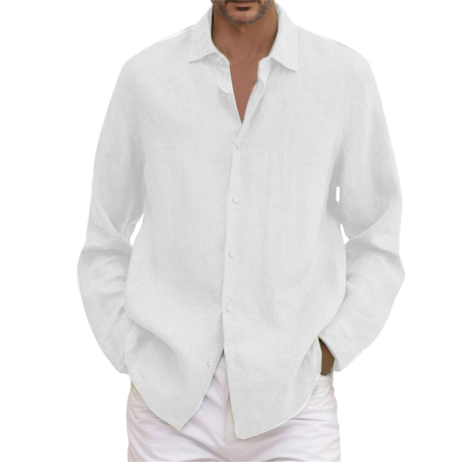 AdBFJAF Mens Dress Shirts Slim Fit White Male Summer Cotton Solid ...