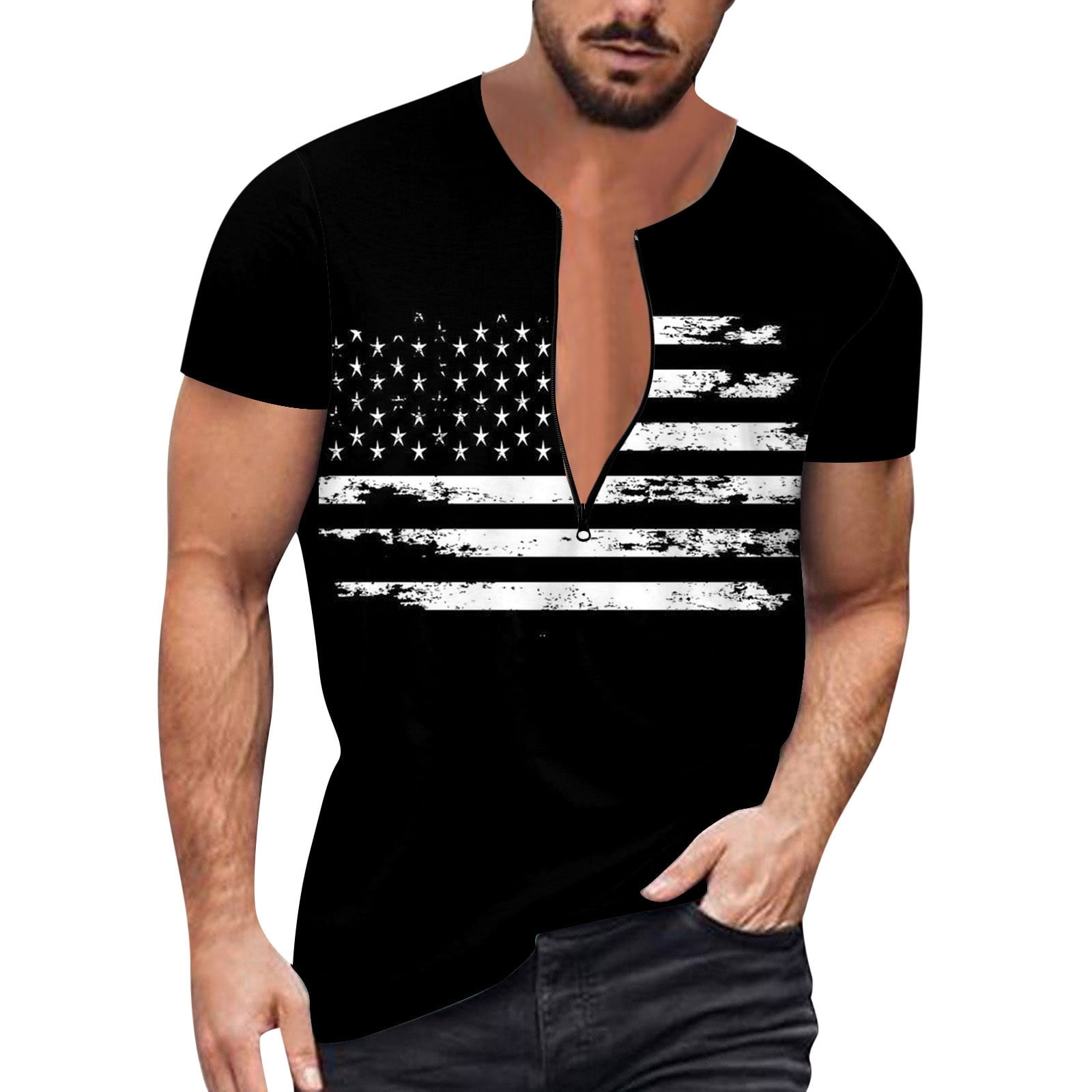 AdBFJAF Mens Tshirts Long Torso Mens Summer Independence Day Flag