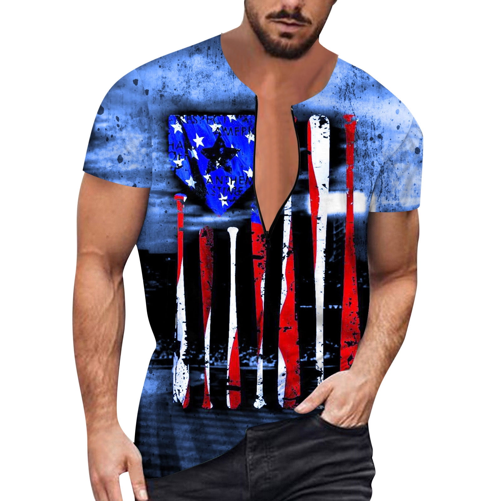AdBFJAF Mens Tshirts Long Torso Mens Summer Independence Day Flag