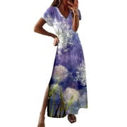 AdBFJAF Midi Dresses for Women Spring Women Simple Casual Short Sleeve V Neck Long Dress Dandelion Gradient Print Slit Casual Dress Female