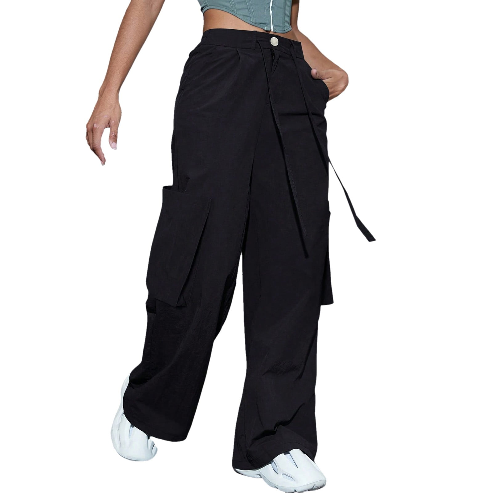 AdBFJAF Palazzo Pants for Women Short Length Cargo Pants Woman Relaxed Fit Baggy Clothes Black