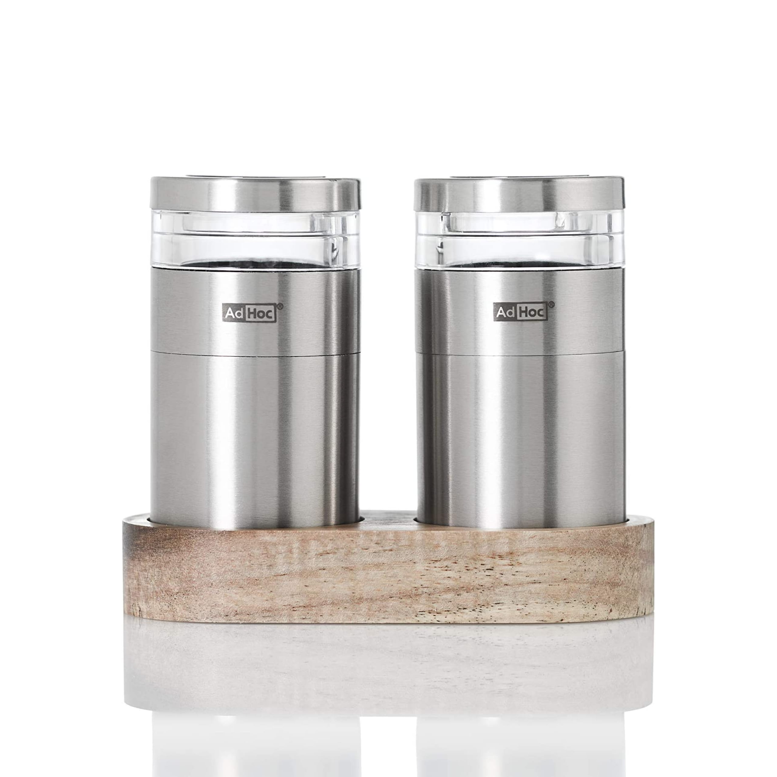 AdHoc Stainless Steel Salt and Pepper Mill Set with Wooden Tray