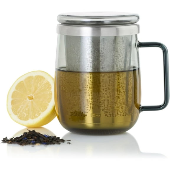 AdHoc Yuna Tea Glass with Tea Infuser - Made of Mouth-Blown, Heat Resistant Borosilicate Glass - Large Stainless Steel Tea Infuser with Micropores - Tea Accessories - Grey Glass/Stainless Steel