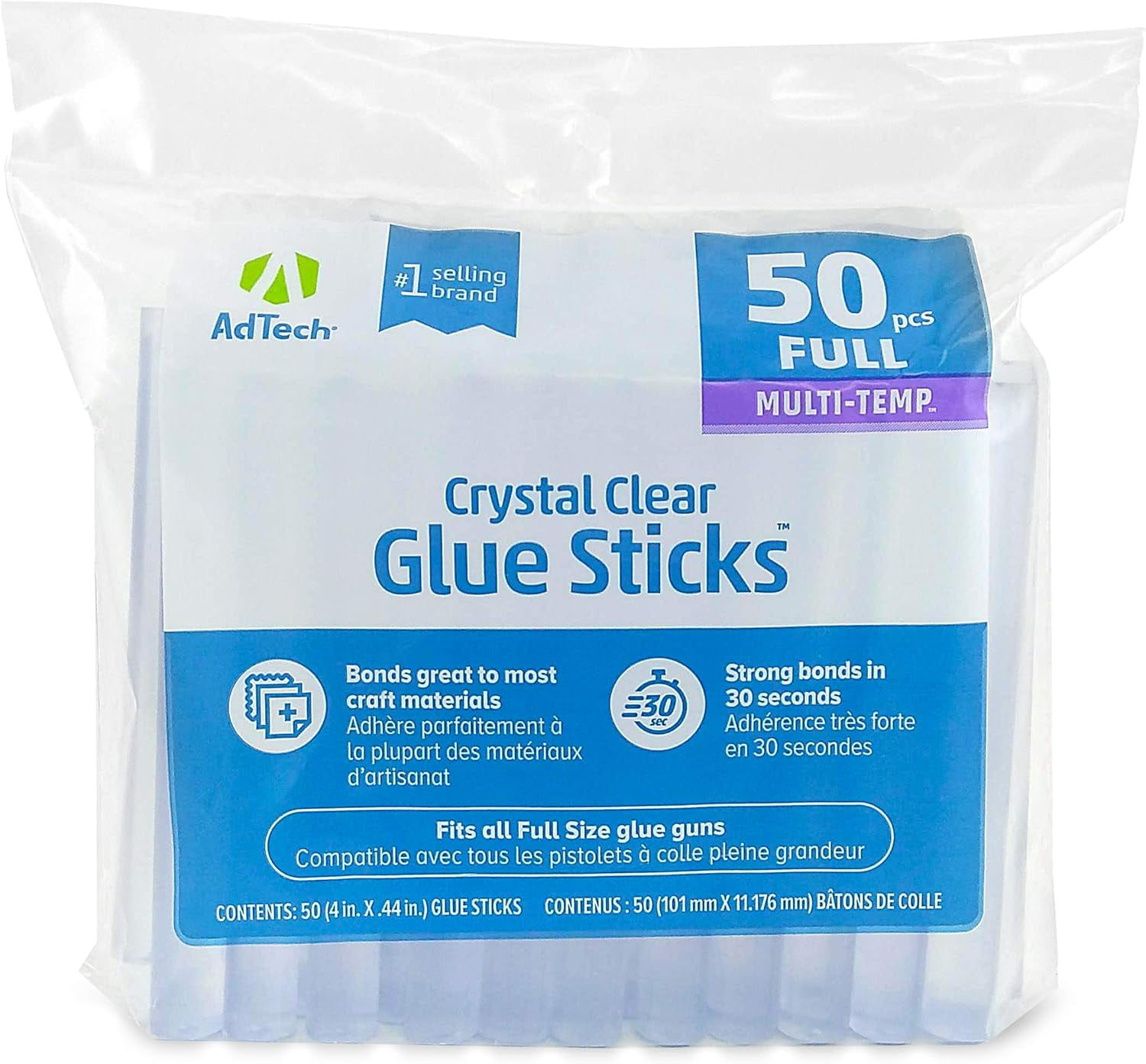 AdTech Full Size Hot Glue Sticks, 4-Inch, 50-Count | Multi-Temp for High & Low Temp Glue Guns | Strong Bond for Crafts, DIY & Repairs | Made in the