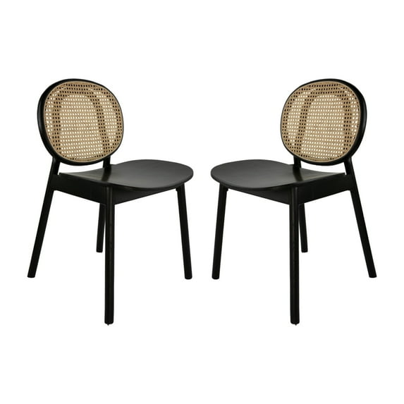 Ada 24 Inch Dining Chair, Cane Rattan Back, Beech Wood, Set of 2, Black, Saltoro Sherpi