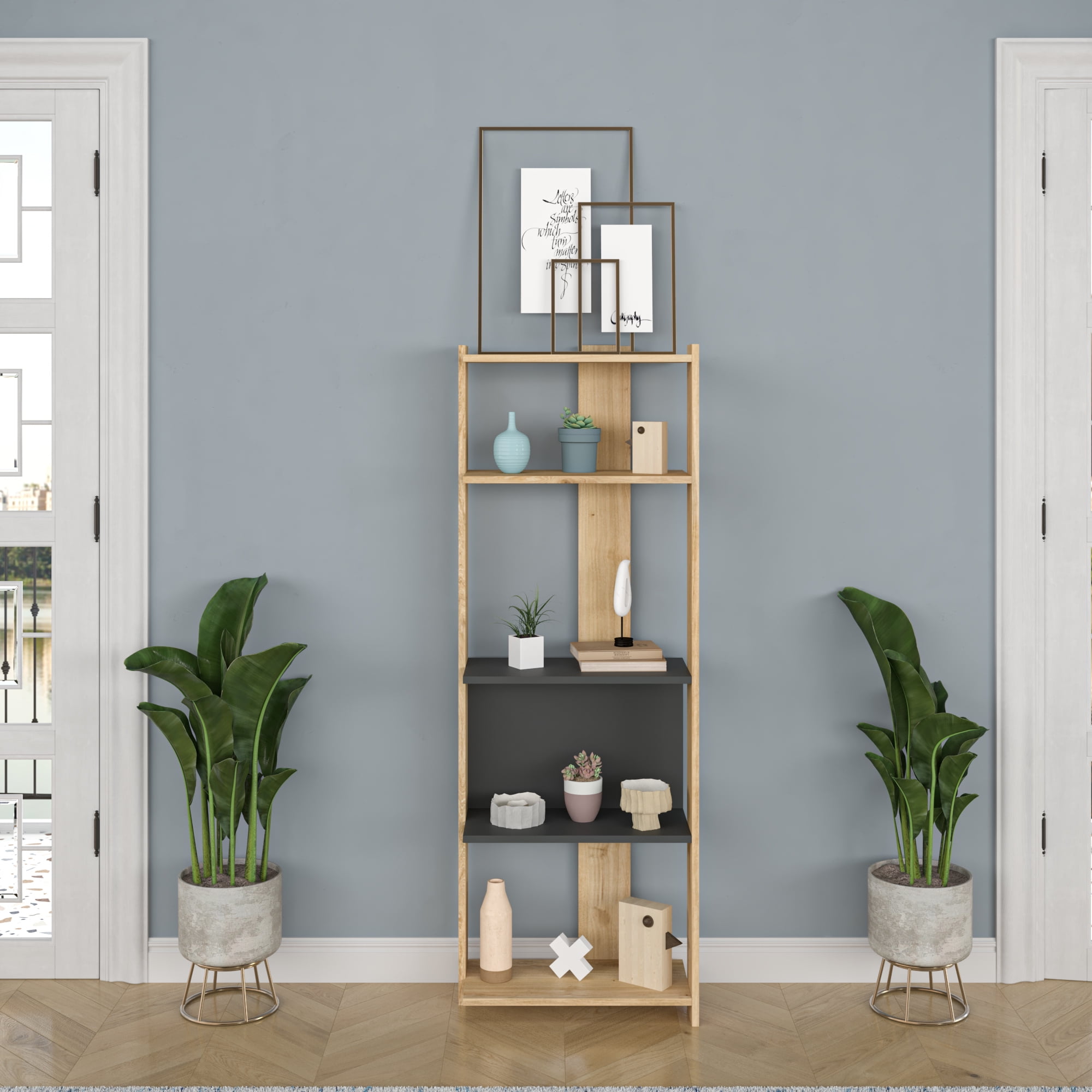 Ada Home Decor Abis 4 Tier Open Shelf Narrow Modern Bookcase, Anthracite/Oak