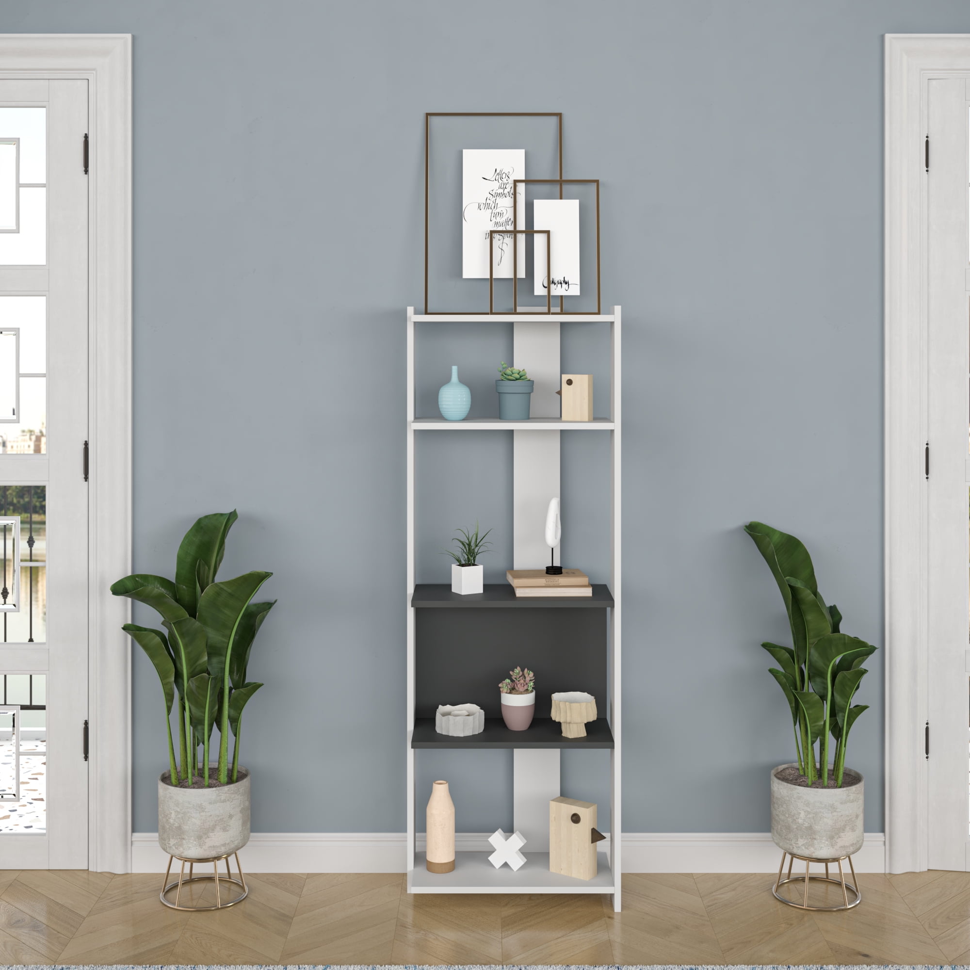 Ada Home Decor Abis 4 Tier Open Shelf Narrow Modern Bookcase, Anthracite/White