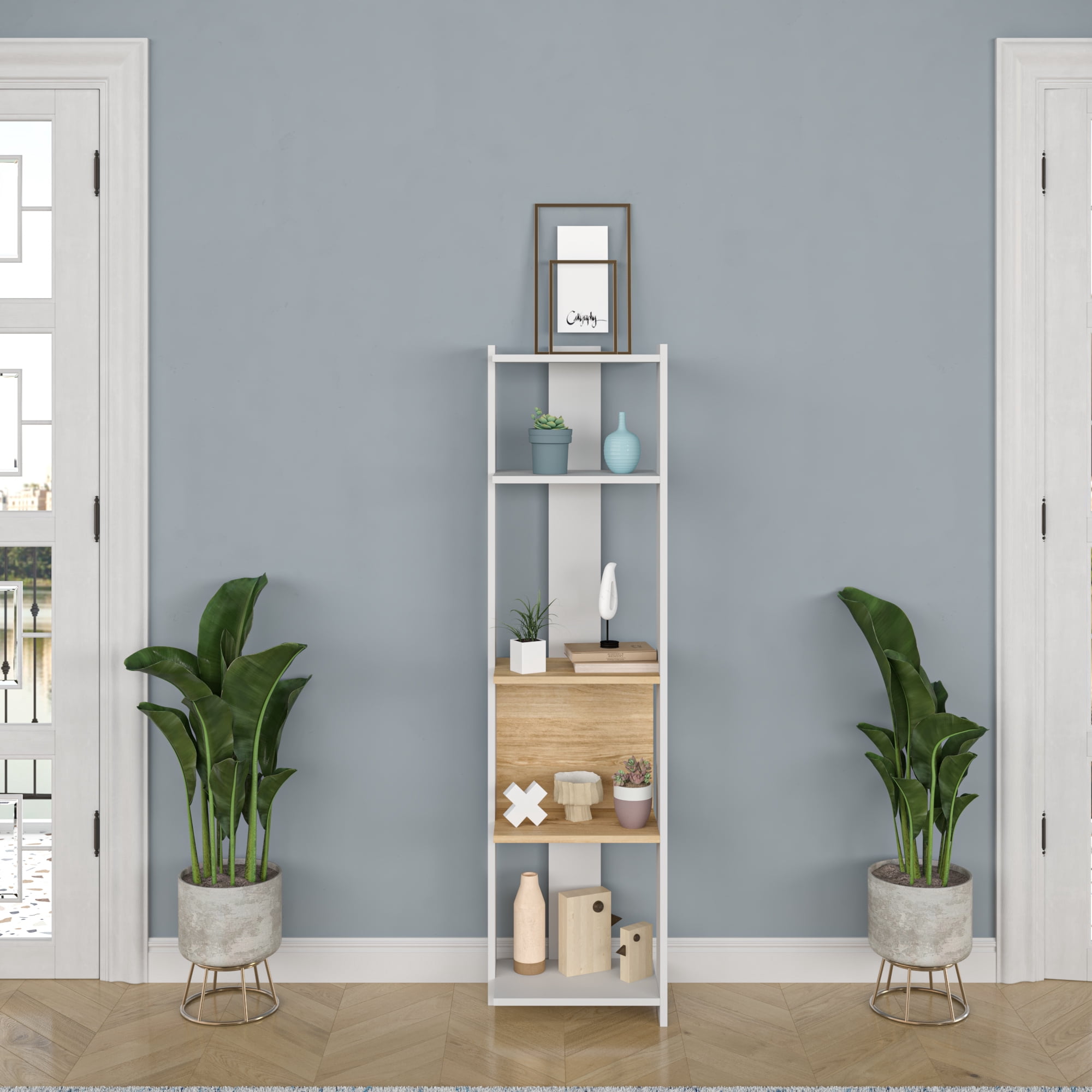 Ada Home Decor Abis 4 Tier Open Shelf Narrow Modern Bookcase, Oak/White