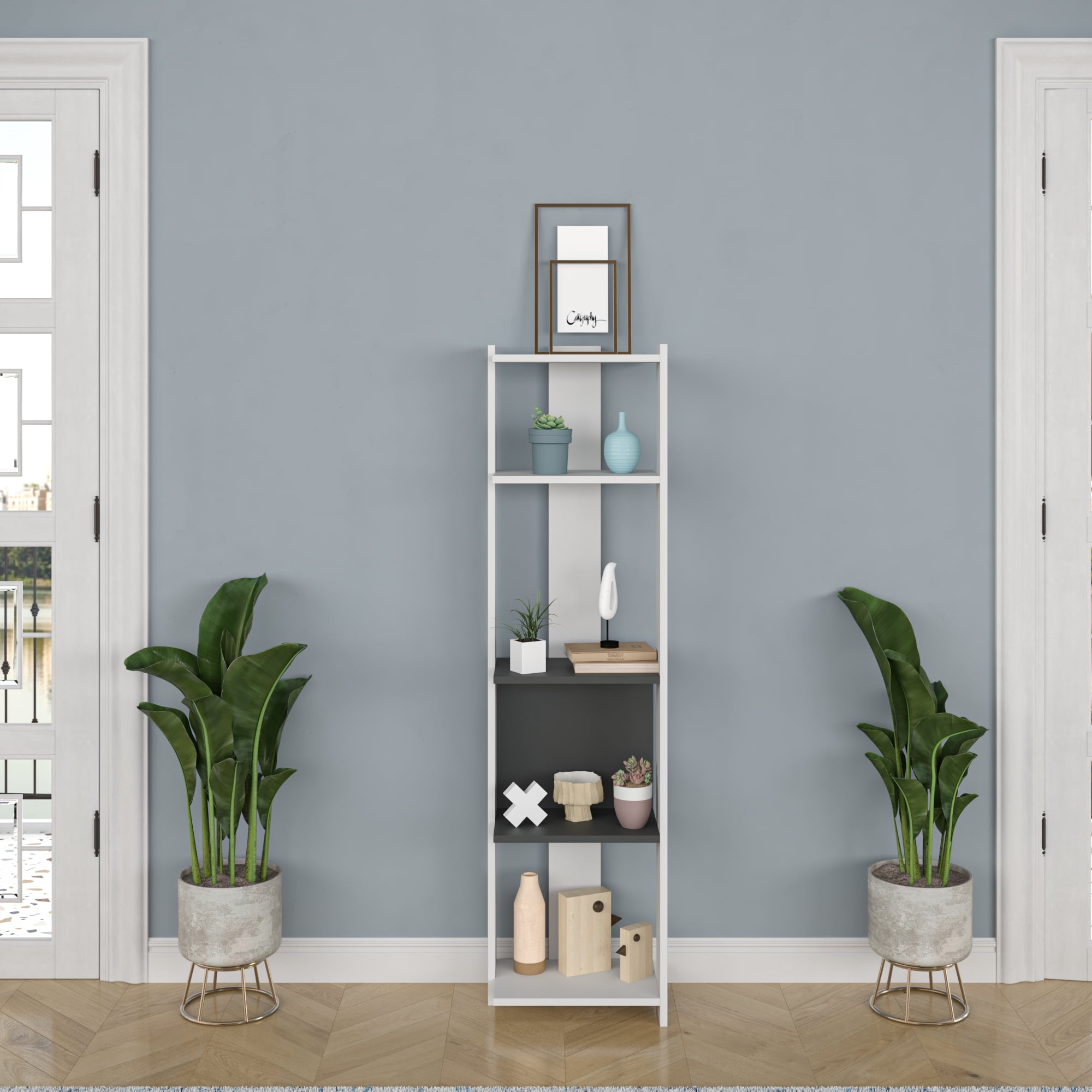 Ada Home Decor Abis 4 Tier Open Shelf Narrow Modern Bookcase, White Anthracite