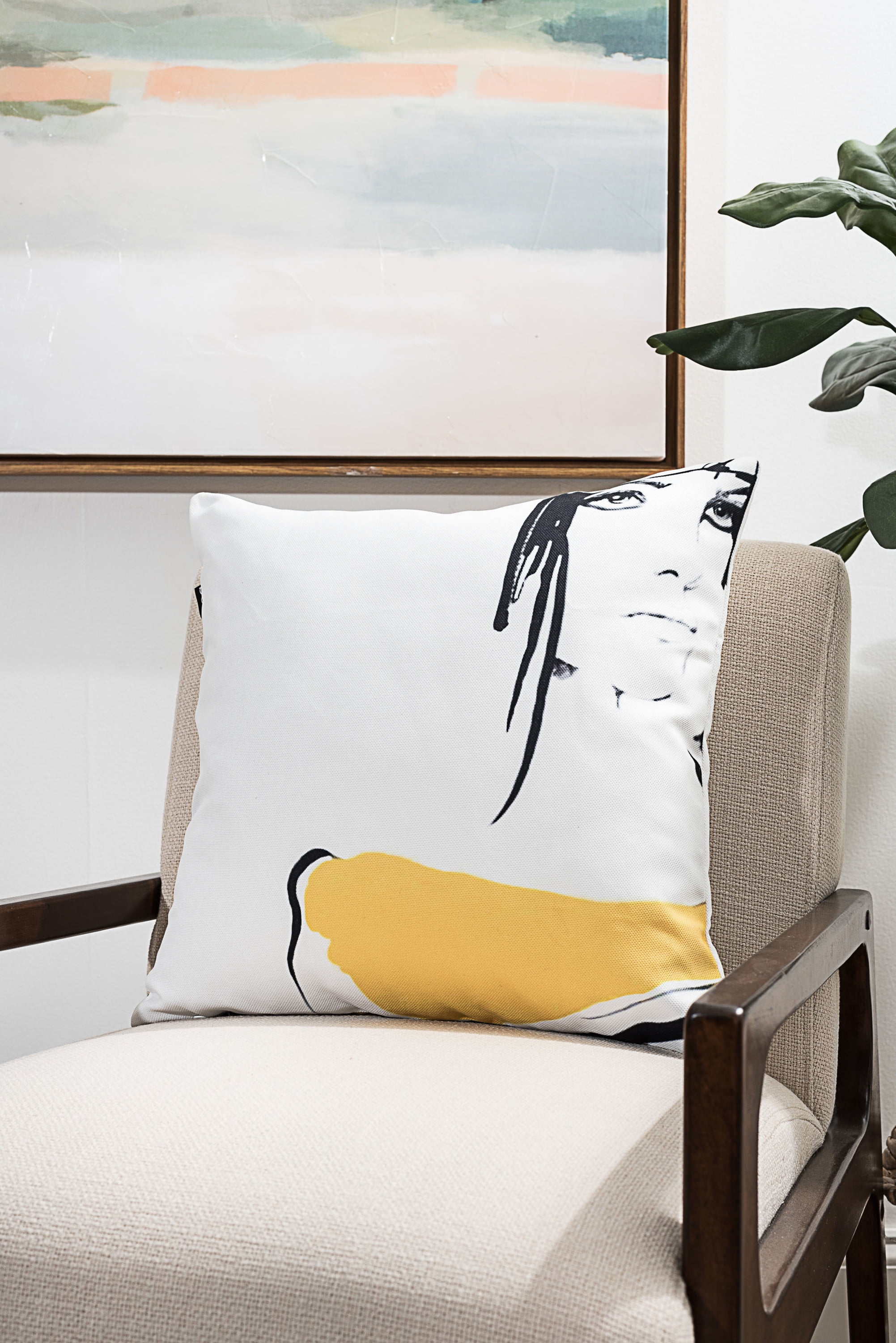 Abstract Woman Black and Yellow Polyester Throw Pillow