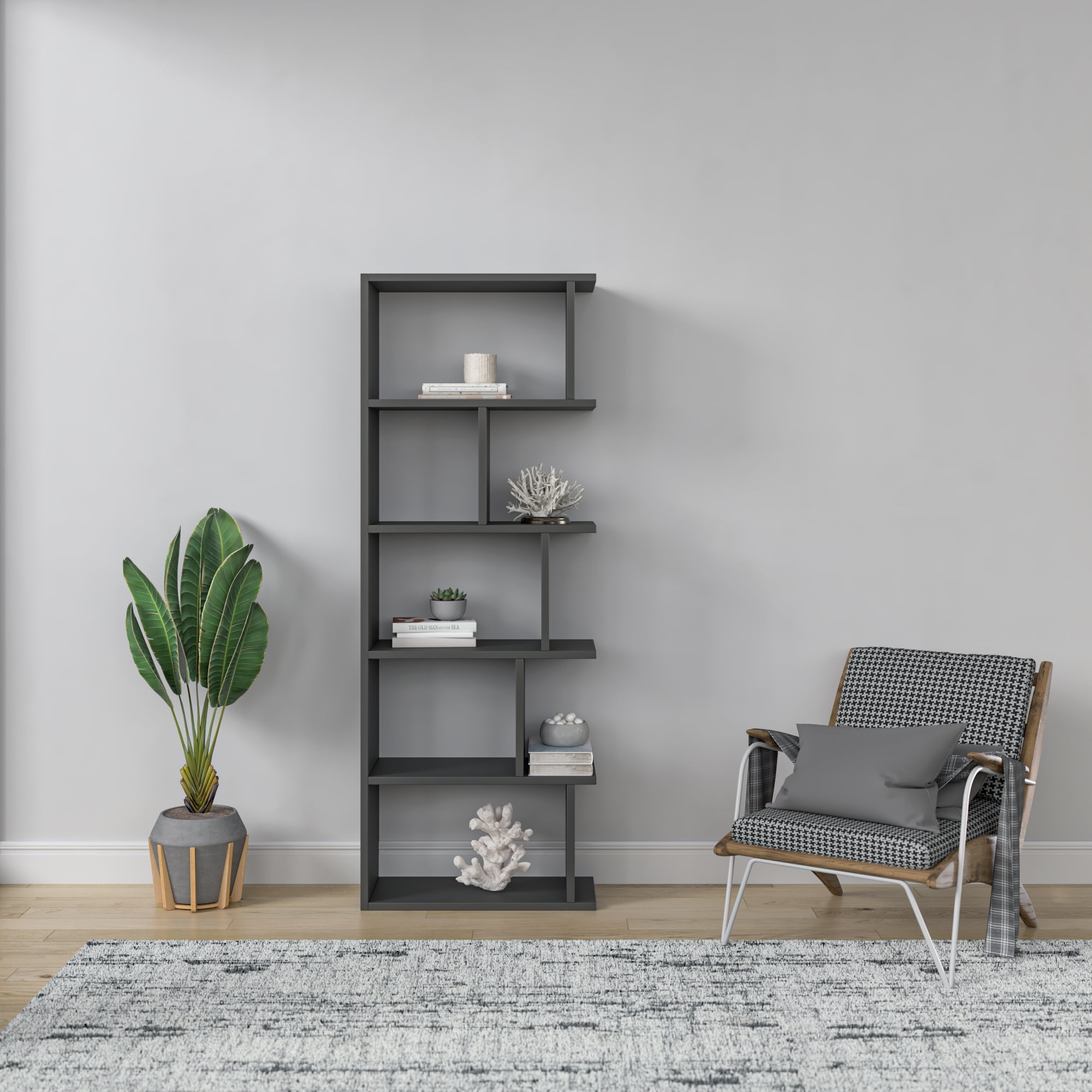 Ada Home Decor Bayside Multiple Tier Open Shelf Modern Bookcase, Anthracite
