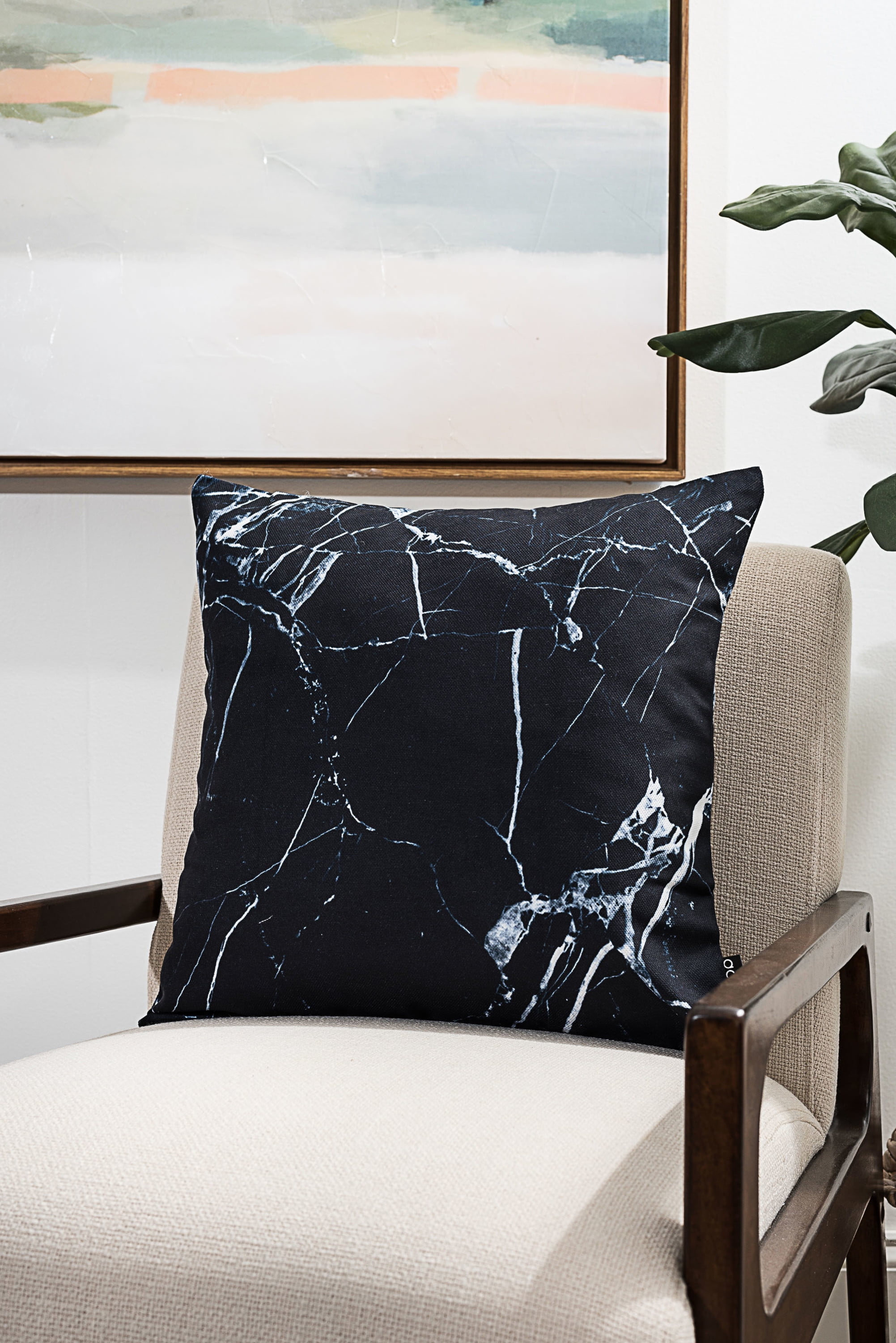 Black Marble Print Square Polyester Floor Pillow 16" x 16"