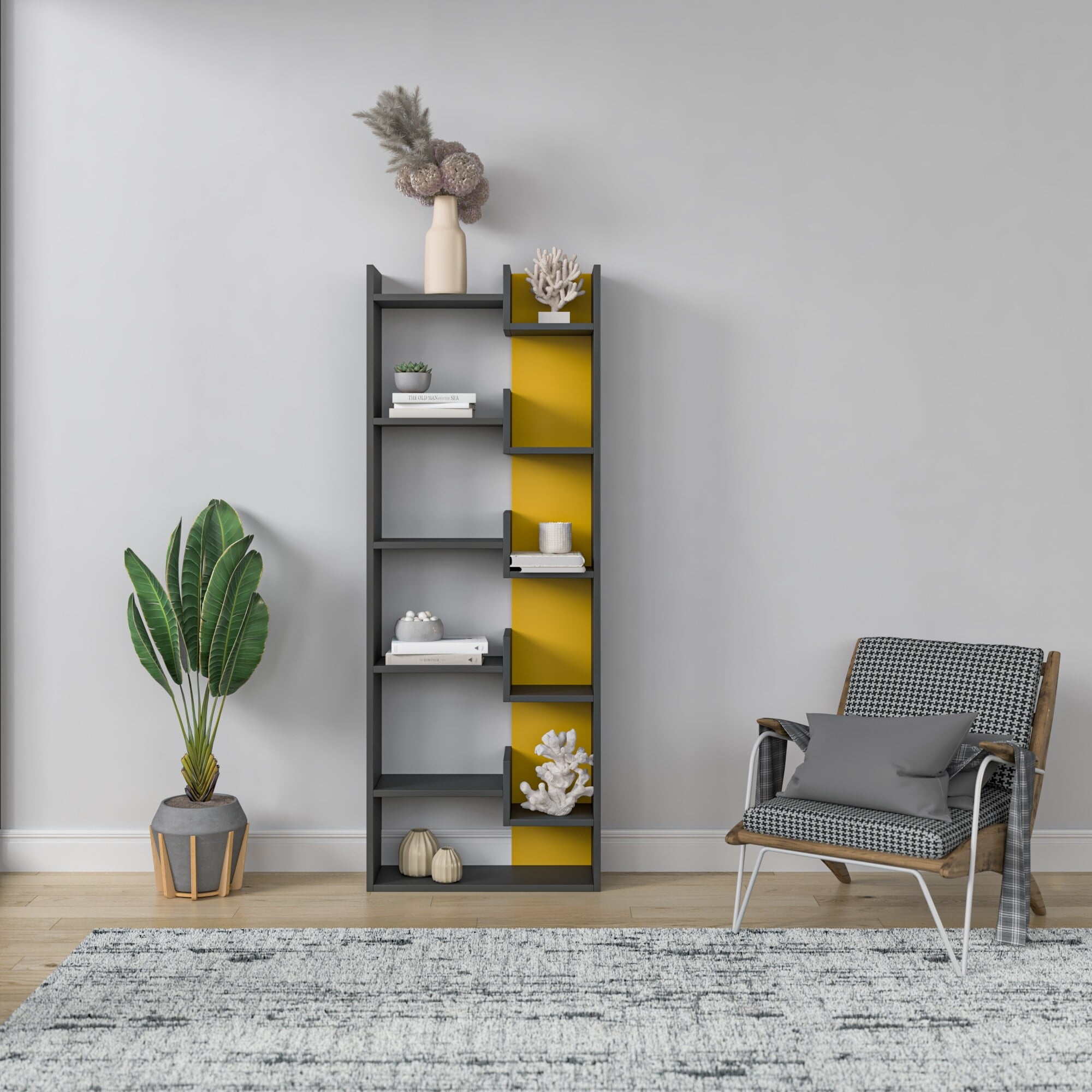Anthracite and Mustard Modern Multilevel Bookcase
