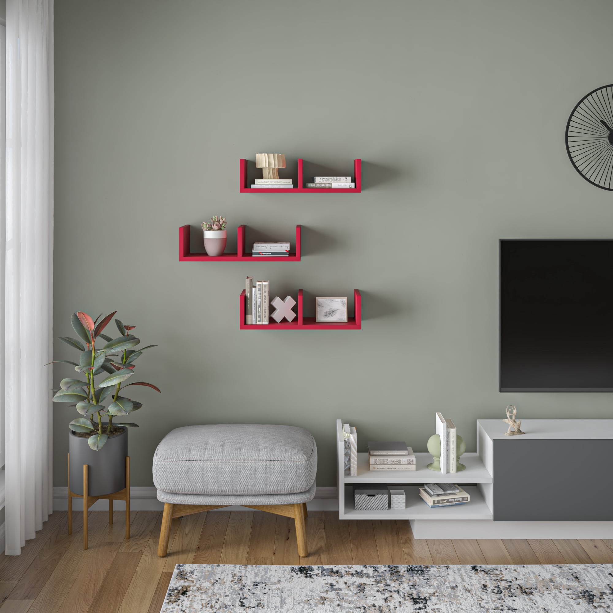 Ada Home Decor Furniture 19.69" 3 Tier Burgundy Waller Modern Wall Shelf