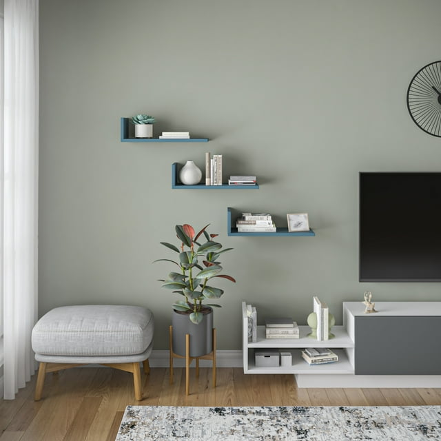 Ada Home Decor Furniture 19.69" 3 Tier Petrol Blue Washburn Modern Wall Shelf