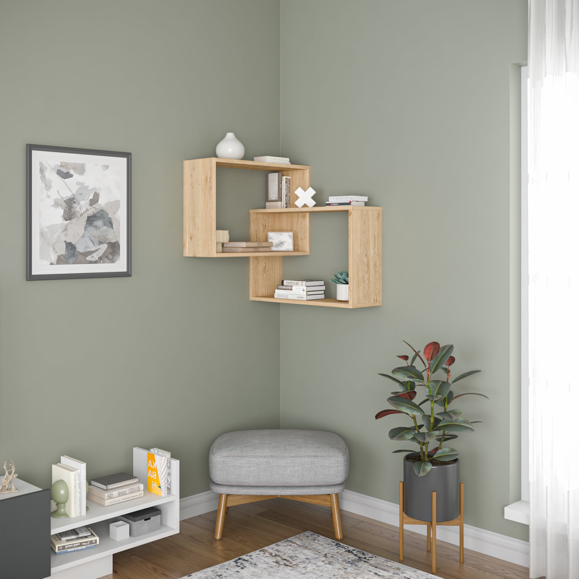 Ada Home Decor Furniture 23.5" 3 Tier Oak Warner Modern Wall Shelf