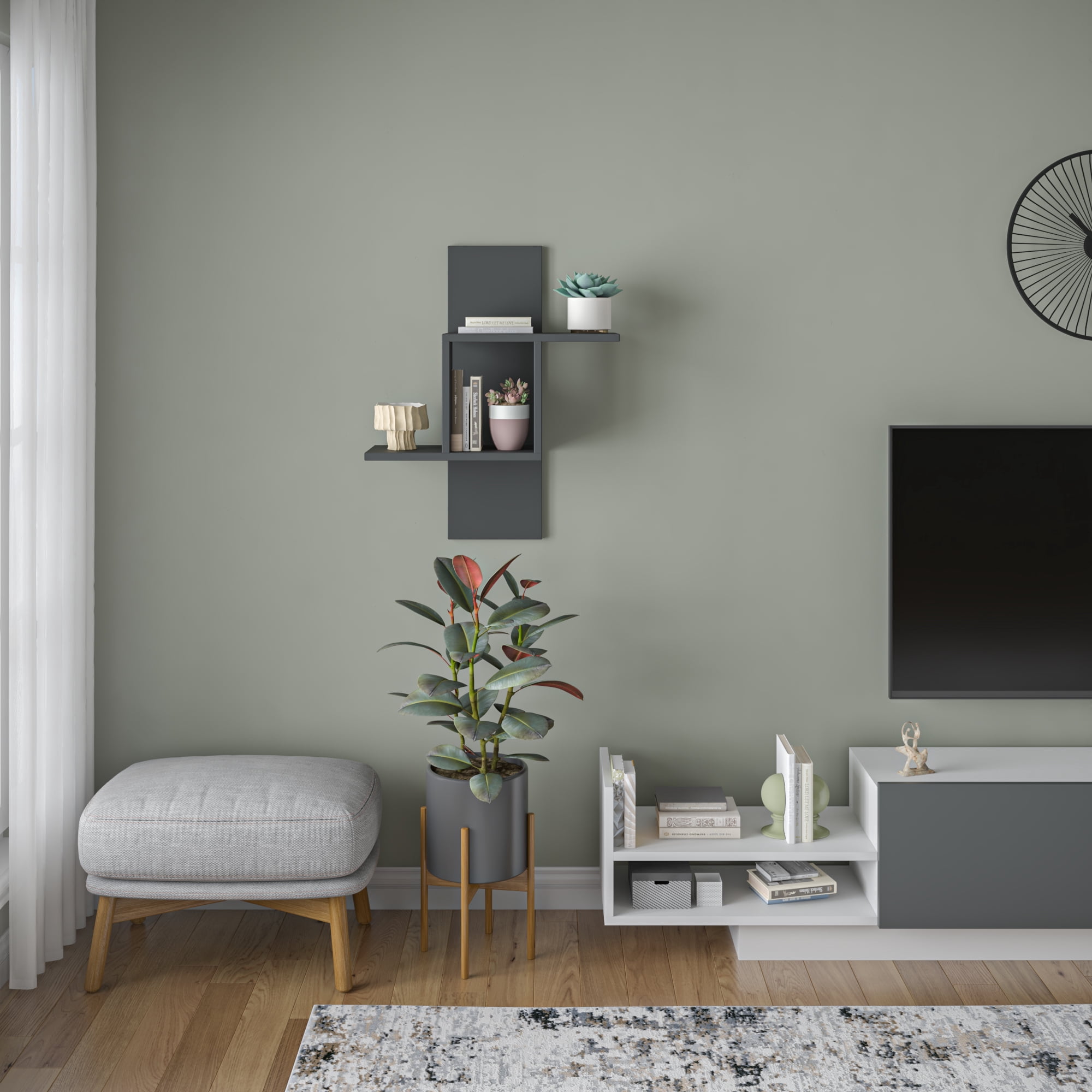 Ada Home Decor Furniture 25.2" 2 Tier Anthracite Waverley Modern Wall Shelf