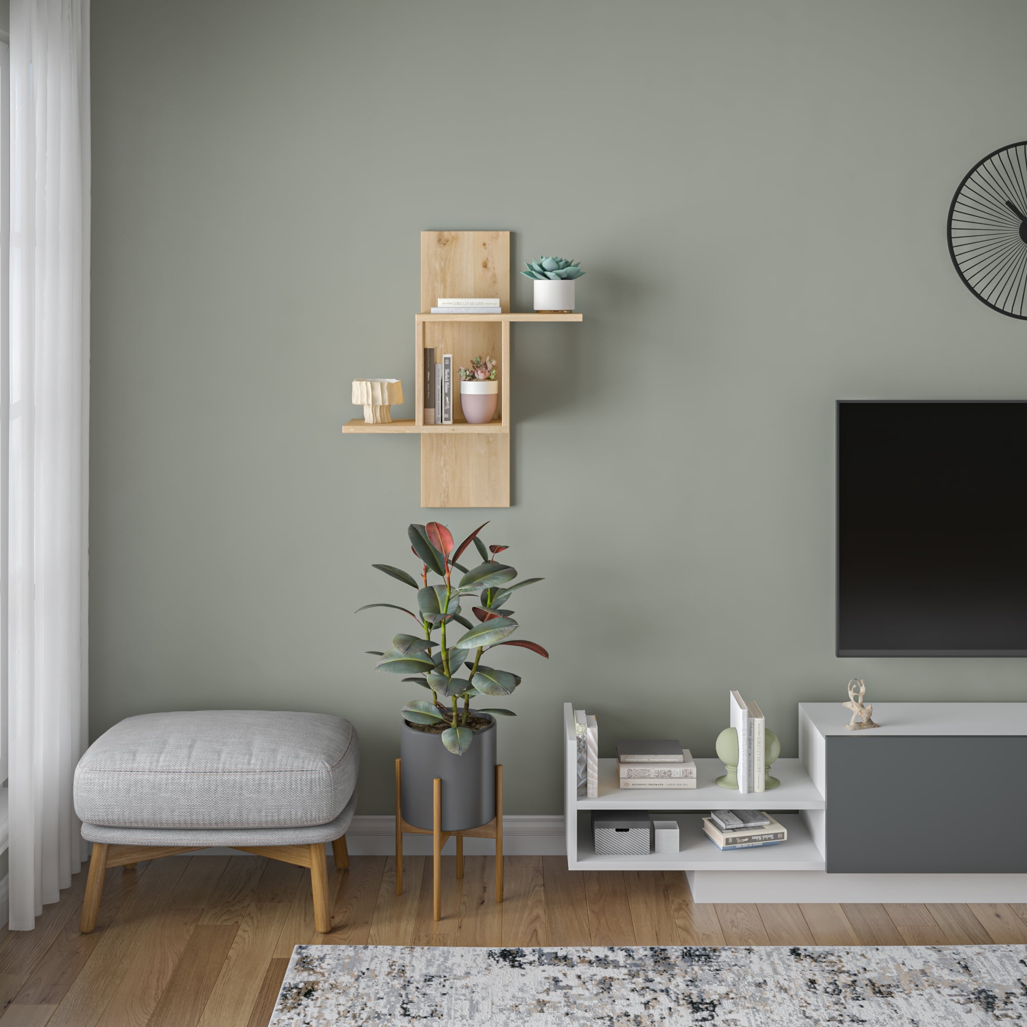 Ada Home Decor Furniture 25.2" 2 Tier Oak Waverley Modern Wall Shelf