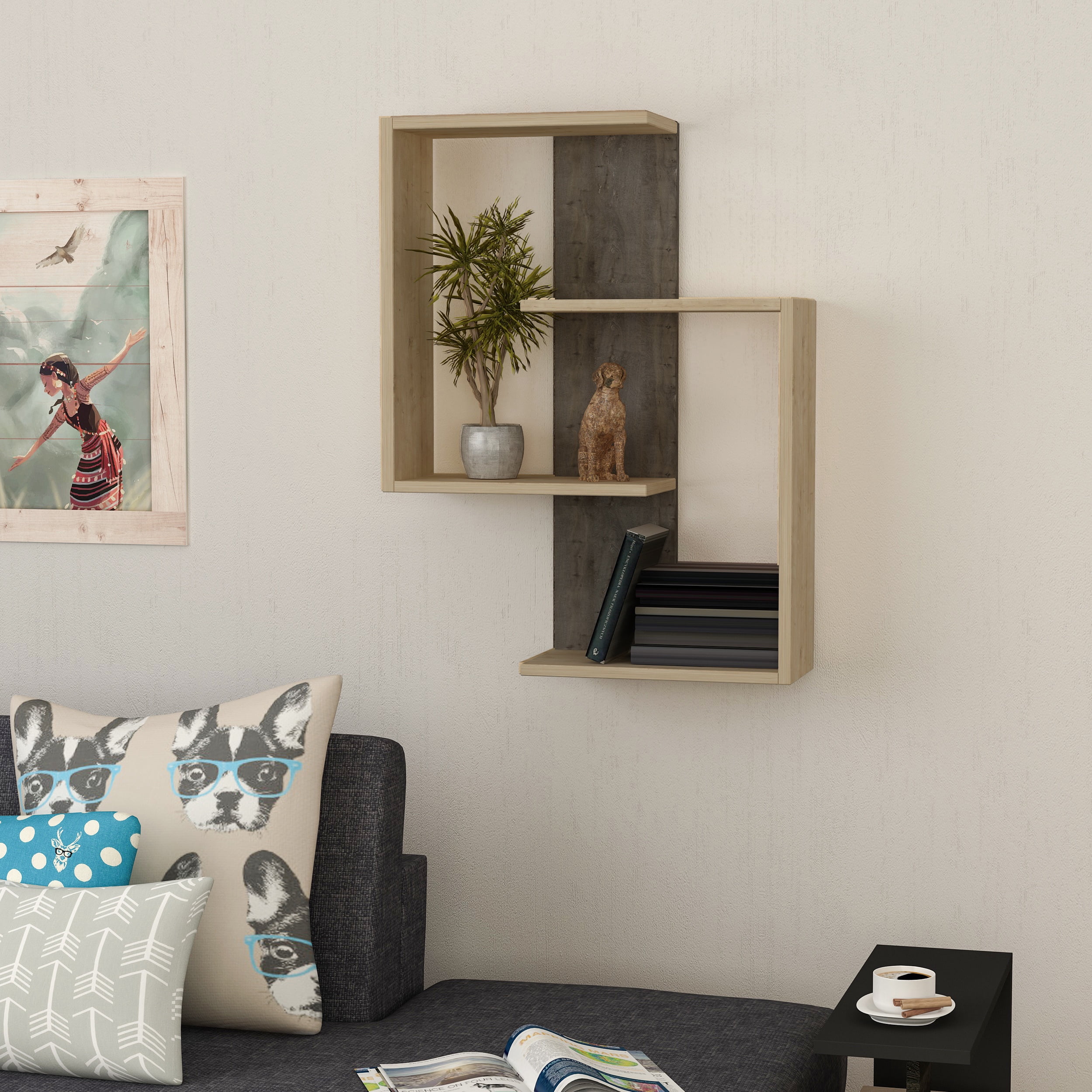 Ada Home Decor Furniture 25.2" 3 Tier Oak Wendy Modern Wall Shelf
