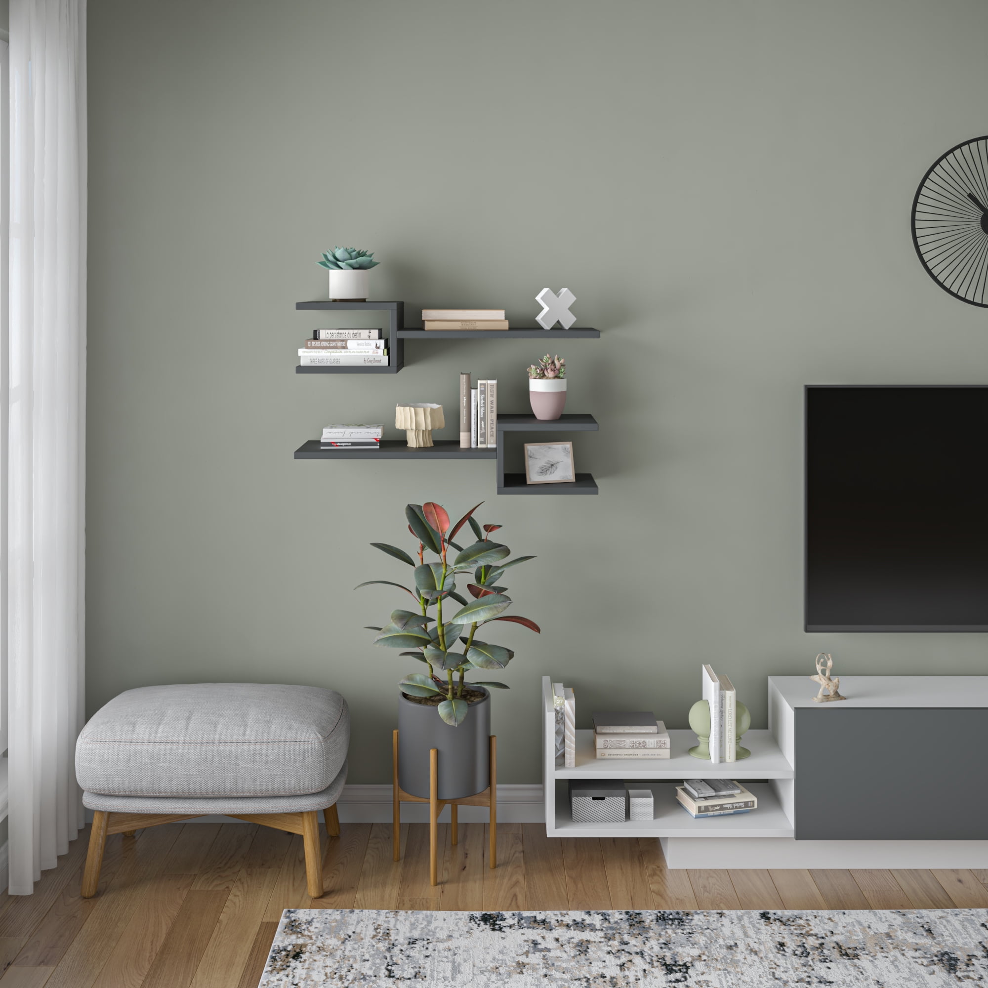 Ada Home Decor Furniture 29.53" 2 Tier Anthracite Webbs Modern Wall Shelf