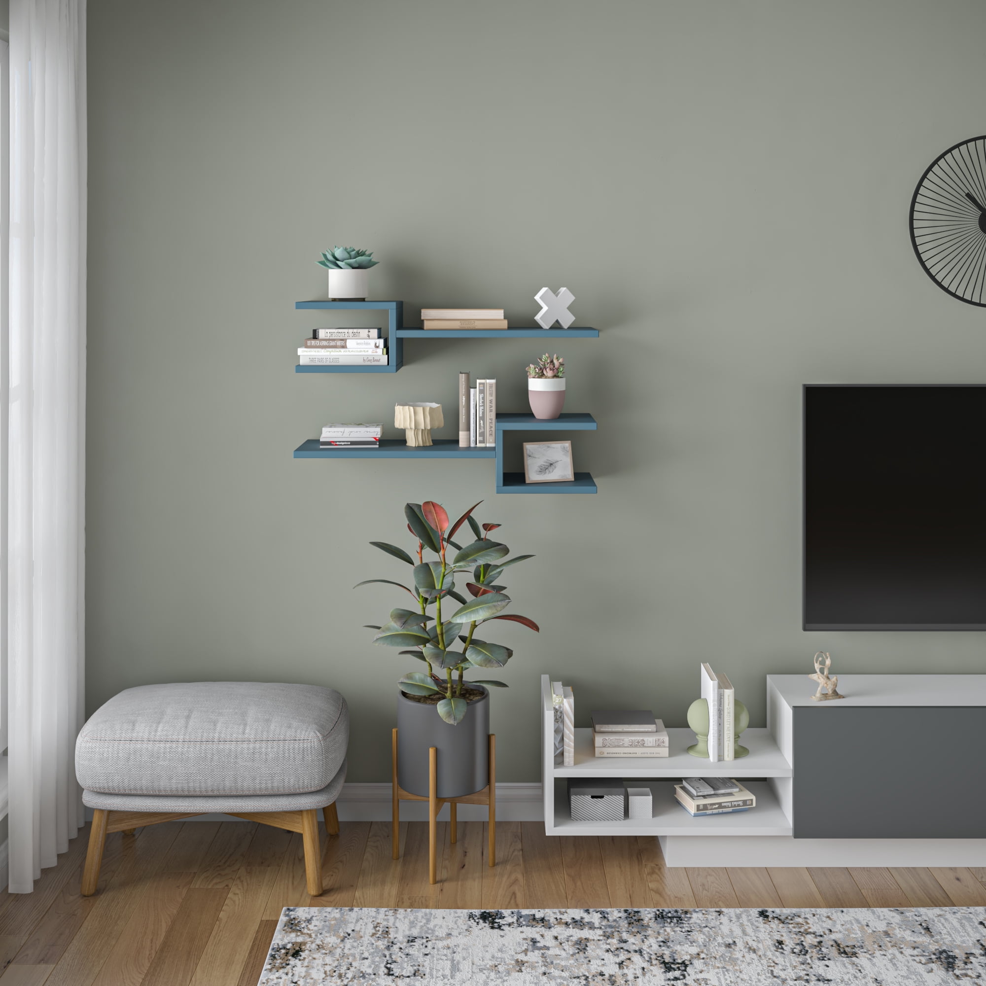 Ada Home Decor Furniture 29.53" 2 Tier Petrol Blue Webbs Modern Wall Shelf