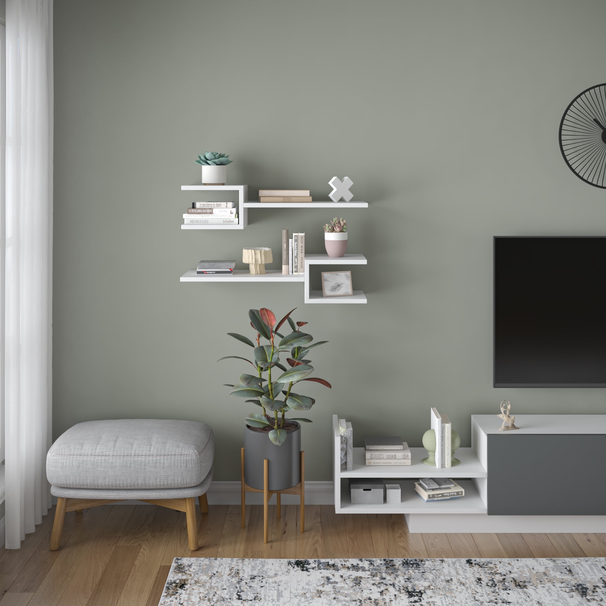 Ada Home Decor Furniture 29.53" 2 Tier White Webbs Modern Wall Shelf