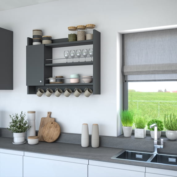 Ada Home Decor Furniture 3 Tier 33.5" Anthracite Knerr Modern Hanging Floating Shelves