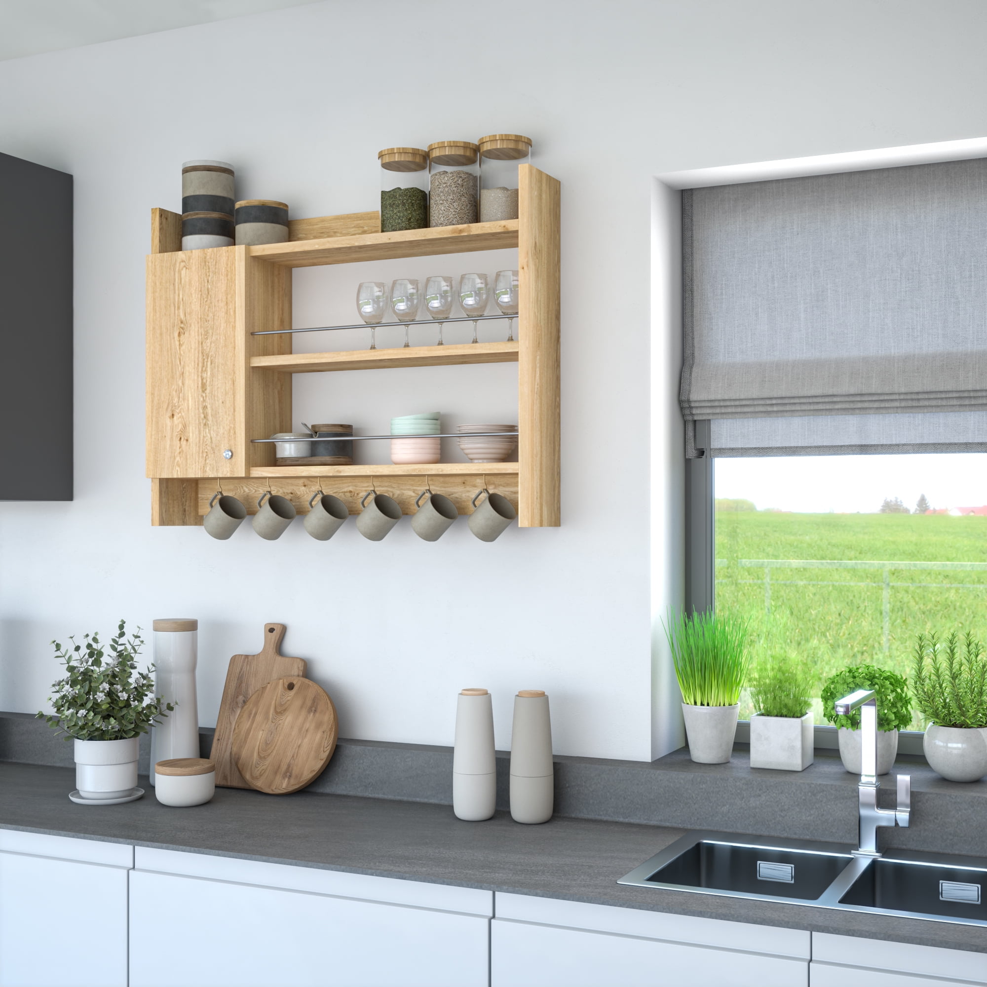 Ada Home Decor Furniture 3 Tier 33.5" Oak Knerr Modern Hanging Floating Shelves