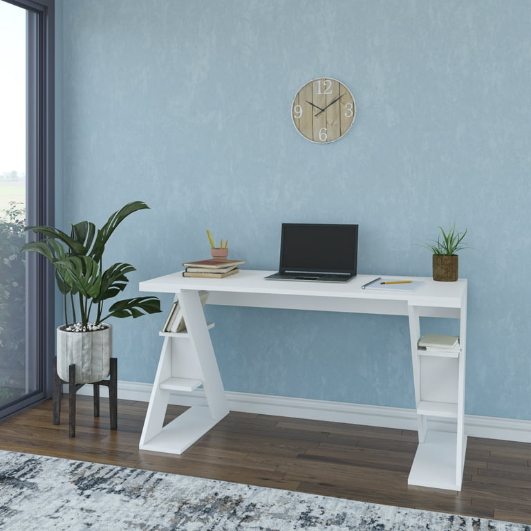 Ada Home Decor Minimalist Home Office Computer Desk Workstation with 3 Shelves Z Shape Bookcase White