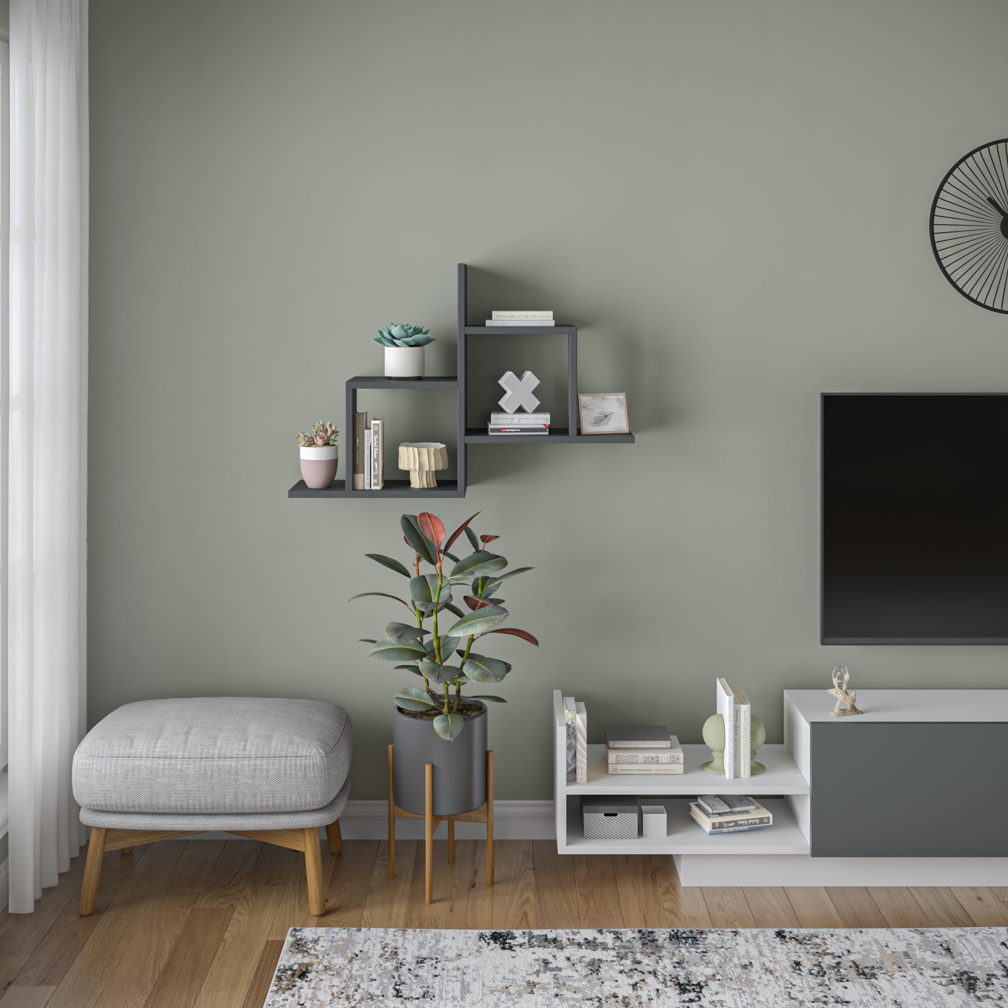 Ada Home Decor Furniture 33.86" 2 Tier Anthracite Webb Modern Wall Shelf