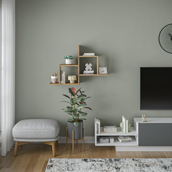 Ada Home Decor Furniture 33.86" 2 Tier Light Walnut Webb Modern Wall Shelf