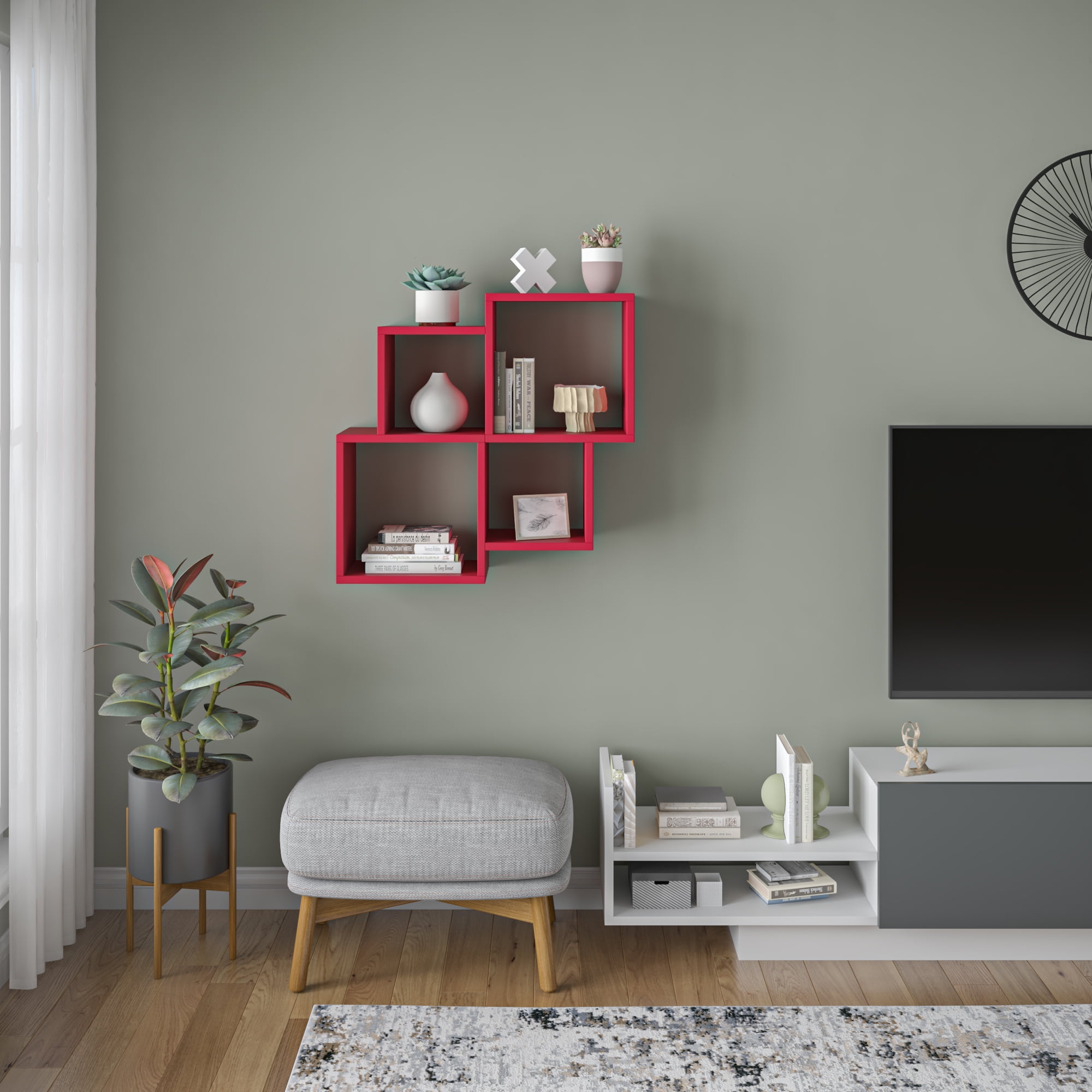 Ada Home Decor Furniture 39.37" 2 Tier Burgundy Watkins Modern Wall Shelf