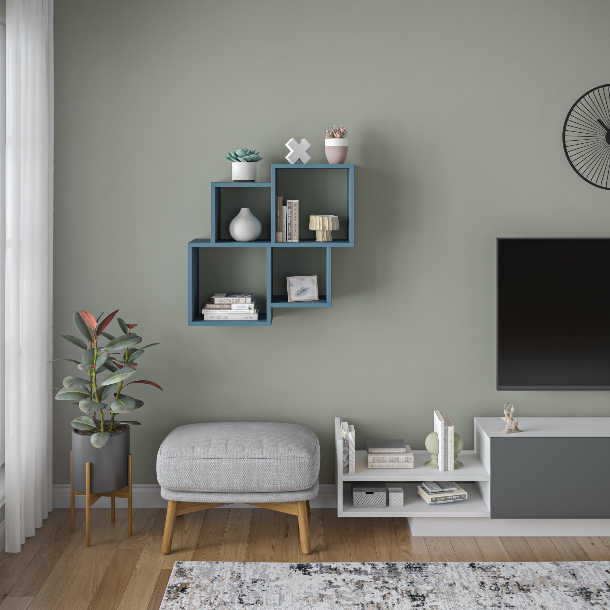 Ada Home Decor Furniture 39.37" 2 Tier Petrol Blue Watkins Modern Wall Shelf